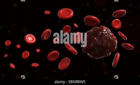 Eine 3D-Darstellung einer Blutprobe, die eine Krebsbildung enthält und eine Darstellung eines Bluttumors oder einer bösartigen Zelle liefert. Stockfoto