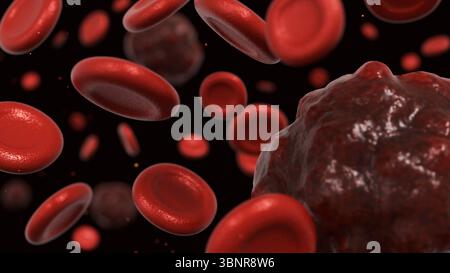 Eine 3D-Darstellung einer Blutprobe, die eine Krebsbildung enthält und eine Darstellung eines Bluttumors oder einer bösartigen Zelle liefert. Stockfoto