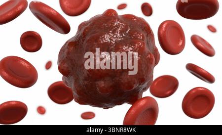 Eine 3D-Darstellung einer Blutprobe, die eine Krebsbildung enthält und eine Darstellung eines Bluttumors oder einer bösartigen Zelle liefert. Stockfoto
