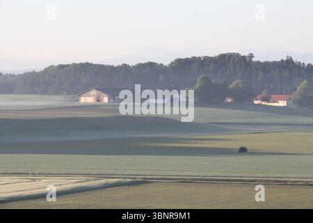 HAAG IN OBERBAYERN - 31. MAI 2025: Morgennebel über Ackerland bei Haag in Oberbayern mit Hofgebäuden und baumbewachsenen Hügeln in der Nähe von Haag in Oberbayern Stockfoto