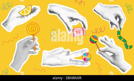 Weibliche Hände im Halbton-Stil, die Süßigkeiten halten. Süßigkeiten auf einem Stock, Lutscher, Gelee-Wurm und Marmelade in den Händen. Trendige Collage zum Thema Süßigkeiten Stock Vektor