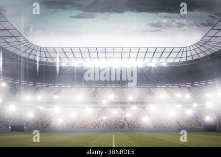 Das Stadion mit flachem Design zeigt ein Grasfeld mit einer Mittellinie unter dem geschwungenen Dach mit Flutlichtern Stockfoto