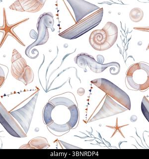 Blaubeige nahtloses Meeresmuster mit Muschel und Perlen und Fischen auf isoliertem Hintergrund. Handgezeichnetes Vintage-Aquarell-Ornament mit Algen und Stockfoto