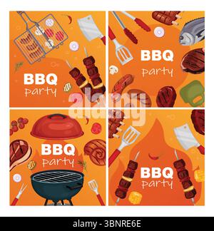 BBQ Party Square Food Illustrations Set Stock Vektor