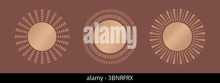 Luxuriöse runde Sonnen im Boho-Stil, Sonnenuntergang, himmlisches Sonnendesign. Vintage Gradient Sonnenschliff Vektor Illustrationen. Stock Vektor