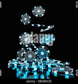 Casino Chips fallen auf schwarzem Hintergrund 3D blaue Neonlichter Stockfoto