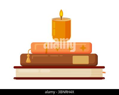 Flache Vektor-Illustration eines Stapels Bücher mit einer glühenden Kerze oben. Ideal für gemütliches Lesen, Wissen, Lernen, abendliche Entspannung, Magie, oder Stock Vektor
