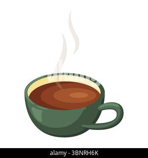 Flache Vektor-Illustration einer lebendigen grünen Tasse mit dampfendem heißem Kaffee oder Tee. Weckt Wärme, Komfort, Entspannung, morgendliche Routinen und gemütliche Momente Stock Vektor
