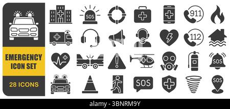 Notrufsymbol gesetzt. Einfache Sammlung minimaler Notrufsymbole. Verwandte SOS, Sicherheit, Alarm, Krankenwagen, Krankenhauswarnung. Vektorabbildung. Isoliert Stock Vektor