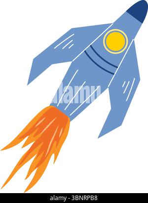 Handgezeichnete ClipArt-Illustration des Raketenstarts. Kinderspielzeug fliegendes Raumschiff mit Feuerschwanz. Raketensymbol, Symbol für Anfang, Start, Start, Vektor Stock Vektor