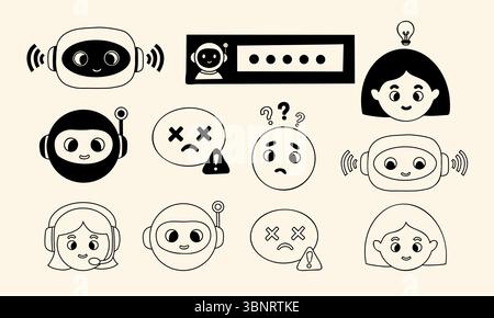 Symbole für Chatbot, Gesichter und menschliche Emotionen für KI-Schnittstelle. Vektorsymbolgruppe mit Ausdrücken, technischem Support und Passwortsicherheit. Isolierte Umrisshand d Stock Vektor