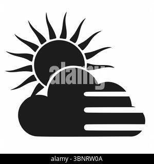 Sonne teilweise durch Wolken verborgen mit Sonnenstrahlen in schlichtem Schwarz-weiß-Design Stock Vektor