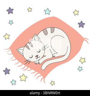 Entzückende Karikaturkatze, die auf einem rosa Teppich mit bunten Sternen in traumhafter Szene schläft Stock Vektor