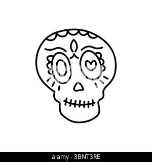 Ein skurriler Vektor-Umriss eines traditionellen Zuckerschädels, perfekt für Day of the Dead oder festliche Designs. Stock Vektor