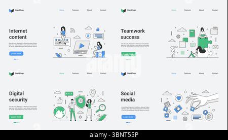 Diese Vektor-Illustration zeigt anschaulich verschiedene Aspekte wie Internetinhalte, den Erfolg der Teamarbeit, wesentliche Elemente der digitalen Sicherheit und Themen im Zusammenhang mit Social-Media-Plattformen Stock Vektor