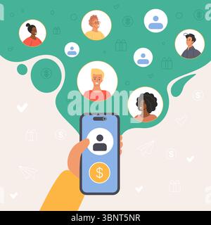 Empfehlungsmarketing für Freunde, Treueprogramm, um Online-Prämiengeschenke und -Boni zu gewinnen, Geld verdienen. Hand hält Smartphone mit Dollarmünze auf dem Bildschirm, Affiliate-Benutzer Avatare Karikaturvektorillustration Stock Vektor