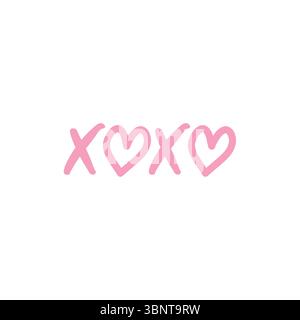 Ein süßer „XOXO“ mit rosafarbenen, handgezeichneten Herzen, perfekt zum Ausdruck von Liebe, Umarmungen und Küssen. Stock Vektor