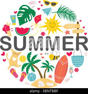 Sommerurlaub rund um bunte Komposition. Kreis der Urlaubs- und Strandurlaube Objekte und Attribute und Wort Sommer. Saisonaler Sommerdruck, Vektor Stock Vektor