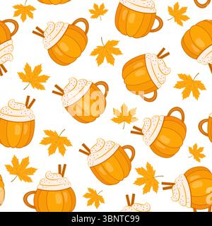 Nahtloser Herbst Heißgetränk-Mustersatz, handgezeichneter Doodle Kürbis Gewürz Latte.Vektor-Illustration Stock Vektor