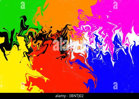 Ein farbenfrohes Gemälde mit einem Regenbogen aus Farben. Die Farben sind rot, gelb, blau, grün und weiß Stockfoto