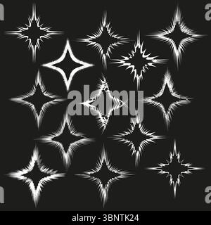 Weiße Funkensymbole. Leuchtender Sternhaufen. Leuchtender Flare-Vektor. Schwarzes Hintergrundmuster. Stock Vektor