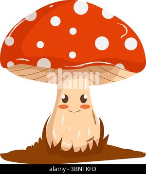 Eine süße Baby-Illustration einer Babyfliege mit einem Lächeln und Augen. Vektor, handgezeichnet, isoliert auf weißem Hintergrund. Pilz mit roter Kappe und weißen Punkten Stock Vektor