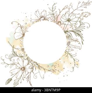 Runder Blumenrahmen mit sanfter Aquarellstruktur und botanischer Strichkunst. Mit Wildblumen, Kräutern und Schmetterlingen. Ideal für Öko-Labels und Branding Stock Vektor