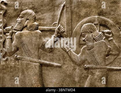 Neo-assyrisches Steinrelief zeigt Soldaten mit einem Kriegswagen, Herrschaft von König Sargon II. 721–705 v. Chr. Palast Chorsabad alte Dur Sharrukin Irak Stockfoto