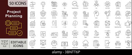 Symbole für Projektplanungslinien: Workflow-, Strategie-, Aufgabe- und Geschäftswachstumsvektoren Stock Vektor
