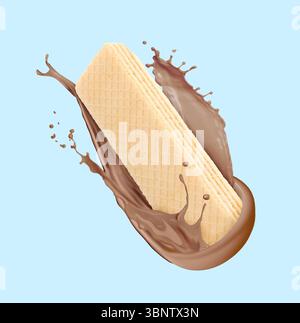 Leckere Waffeln und Schokoladenmilch spritzen in der Luft vor hellblauem Hintergrund Stockfoto