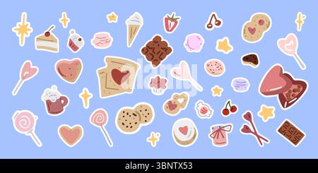 Set Mit Süßen Dessertelementen. Flaches Zeichentrickset mit süßen Desserts, Süßigkeiten, Keksen und Schokolade auf pastellblauem Hintergrund. Lustiger, farbenfroher Style. Stock Vektor