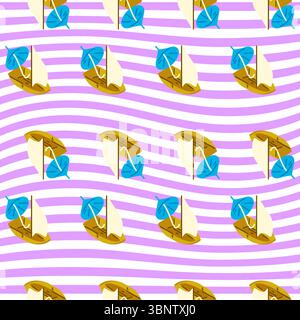 Sommermuster Für Segelboote. Nahtloses Muster mit Segelbooten und Sonnenschirmen auf welligem lila Hintergrund. Marine-Design mit flachem Zeichentrick. Stock Vektor