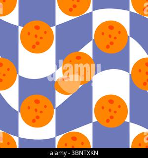 Saftiges Orangenfrucht-Muster. Nahtloses Muster mit ganzen Orangen und Scheiben auf welligem blauem Hintergrund. Flacher Cartoon frischer STYLE. Stock Vektor