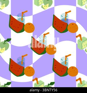 Tropical Juice Fiesta Muster. Nahtloses Muster mit Wassermelone, Orange, Saftpackungen und Gläsern auf welligem Hintergrund. Flacher Cartoon frischer STYLE. Stock Vektor