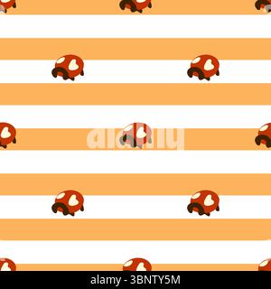 Süßes Donut-Dessertmuster. Nahtloses Muster mit Schokoladen-Donuts und Herzformen auf gestreiftem orangefarbenen Hintergrund. Flacher Cartoon-Stil. Stock Vektor