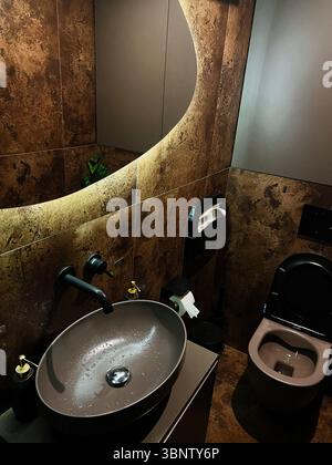 Stilvolles Bad mit Waschbecken, luxuriöser Einrichtung und modernem Layout Stockfoto
