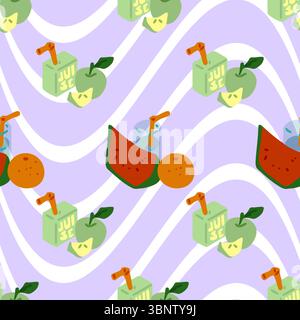 Frisches Fruchtsaftmuster. Nahtloses Muster mit Früchten und Saftpackungen auf welligem Hintergrund. Flacher Cartoon frischer STYLE. Stock Vektor