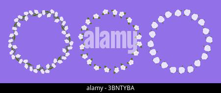 Elegantes Hochzeitsset Mit Blumendesign. Drei elegante Blumenrahmen mit weißen Blumen und grünen Blättern. Flacher handgezeichneter Stil, Pastellfarben, isoliert auf l Stock Vektor