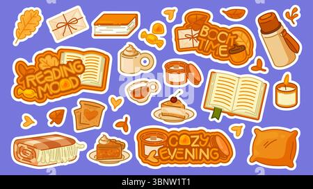 Gemütliches Autumn Lese-Sticker-Set. Cartoon Aufkleber Set mit Büchern, Kerzen, Essen, Kissen, Blättern, und kuschelige Herbstbeschriftung. Flache Darstellung in Stock Vektor