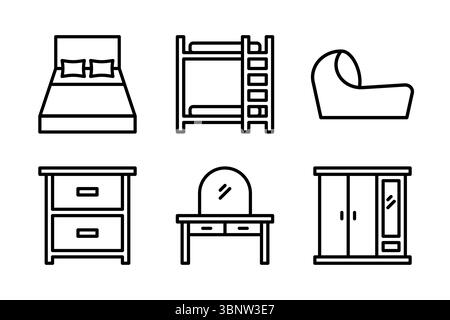 Line Icon Kollektion von Schlaf- und Aufbewahrungsmöbeln: Bett, Stockbett, Schublade, Kommode Schreibtisch, Kleiderschrank, und Ladestation. Geeignet für Schlaf, Ruhe und Pflege Stock Vektor