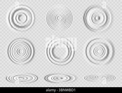 Wasserwelle. Drop-Effekt der Draufsicht. Kreisförmige Spritztextur oder ruhige konzentrische Bewegungsseite. Realistischer klarer Regen. Konzentrische Rundungen. Regentropfen. Flüssigkeitsringe. Vektorfläche Welligkeitselemente festgelegt Stock Vektor