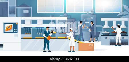 Produktfabrik. Industrielle Lebensmittelherstellung. Produktionsförderer- und Verpackungsmaschinen. Automatisierungsanlage. Industriearbeiter. Automatisierte elektronische Roboter. Innenraum arbeiten. Vektorabwicklungskonzept Stock Vektor