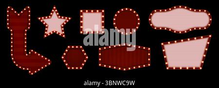 Lichtschild. Zirkus-, Casino- oder Film-3D-Glühlampenrahmen. Rote Neonbox im Retro-Look für Theaterbanner. Cinema Text Board. Bühnenbeleuchtung. Nachtklub-Plakatwand. Karnevalsglühen. Leere Vektor-Schilder festgelegt Stock Vektor