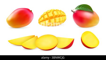 3D-Mango. Realistische Fruchtscheibe oder Hälfte und Blätter, orangenes Stück oder ganzer roter Keil. Exotische Sommerreife, tropische frische Vitaminspeisen, Smoothie oder Saft. Botanisches isoliertes Element. Vektorsatz Stock Vektor