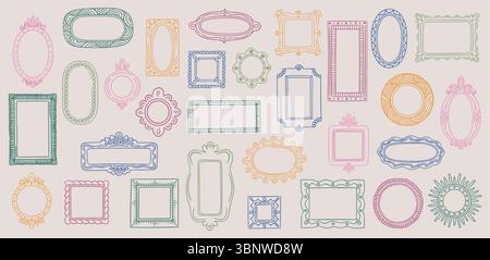 Kritzelrahmen. Foto-, Malerei- oder Kinderalbum-Strichbilder. Vintage handgezeichnete ovale, kreisförmige rustikale Schulbilder. Poster und Karten kreative Dekoration. Einfaches Gliederungselement. Vektor-isolierter Satz Stock Vektor