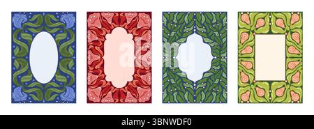 Zierrahmen. Blumendruck, alte Hochzeitskarte mit antikem Rand oder elegantes Retro-Poster. Moderne Blüten und grüne Blätter im Bohemien-Stil. Kreative botanische Formen. Vektorhintergrund festgelegt Stock Vektor