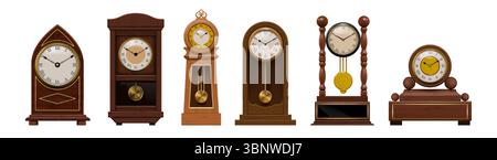 Vintage-Uhr. Großvatermöbel. Alte Pendeluhr an der antiken Innenwand. Pfeil für Zeitmessung im Holzhaus. Klassischer Zeitmesser. Chronometerrad. Luxus-Timer. Vektordesign realistische Objektgruppe Stock Vektor