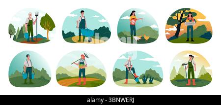 Landwirte arbeiten. Landwirtschaftliche Arbeitnehmer. Pflanzenzucht. Obst- und Gemüseernte. Gartenwerkzeug. Man bewässert Setzlinge. Frau, die Geflügel füttert. Bodengraben. Naturlandschaft. Gärtner Vektorset Stock Vektor