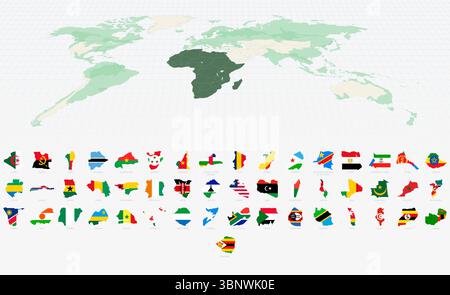 Afrikanisches Land Formen mit Flaggen auf einer hervorgehobenen Weltkarte. Vektorkartensammlung. Stock Vektor