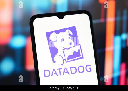 In dieser Abbildung wird das Datadog-Logo (Data Dog) auf einem Smartphone-Bildschirm angezeigt. Stockfoto
